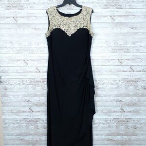 R&M Womens Evening Gown Size 18 Sleeveless Dress Gold Embroidery Side Slit 742A